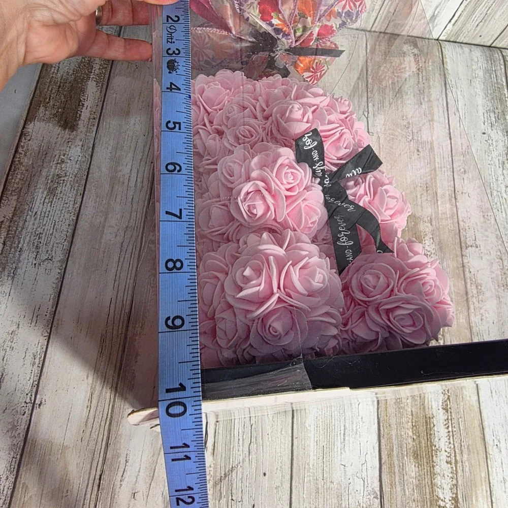 Pink Rose Bear Artificial Flower Teddy Bear in Gift Box 10 Inch Romantic Gift